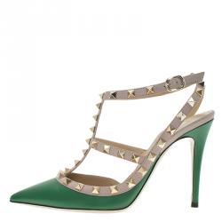 Pre Owned Valentino Green and Beige Leather Rockstud Sandals Size 37.5
