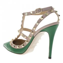 Pre Owned Valentino Green and Beige Leather Rockstud Sandals Size 37.5
