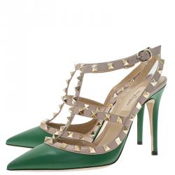 Pre Owned Valentino Green and Beige Leather Rockstud Sandals Size 37.5