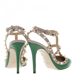 Pre Owned Valentino Green and Beige Leather Rockstud Sandals Size 37.5