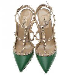 Pre Owned Valentino Green and Beige Leather Rockstud Sandals Size 37.5