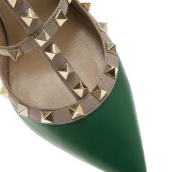 Pre Owned Valentino Green and Beige Leather Rockstud Sandals Size 37.5