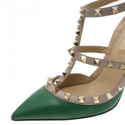 Pre Owned Valentino Green and Beige Leather Rockstud Sandals Size 37.5