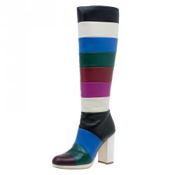 Pre Owned Valentino Multicolor Striped Leather Knee Boots Size 37