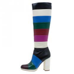 Pre Owned Valentino Multicolor Striped Leather Knee Boots Size 37