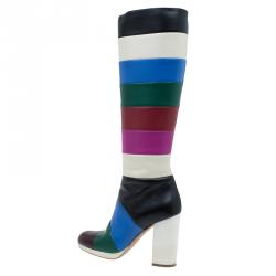 Pre Owned Valentino Multicolor Striped Leather Knee Boots Size 37