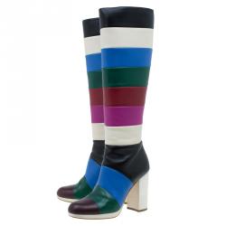 Pre Owned Valentino Multicolor Striped Leather Knee Boots Size 37
