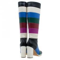 Pre Owned Valentino Multicolor Striped Leather Knee Boots Size 37
