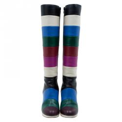 Pre Owned Valentino Multicolor Striped Leather Knee Boots Size 37