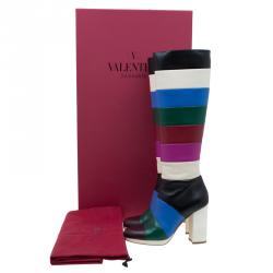 Pre Owned Valentino Multicolor Striped Leather Knee Boots Size 37