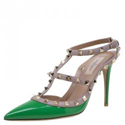 Pre Owned Valentino Green Patent and Beige Leather Rockstud Sandals Size 38