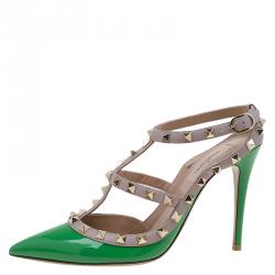 Pre Owned Valentino Green Patent and Beige Leather Rockstud Sandals Size 38