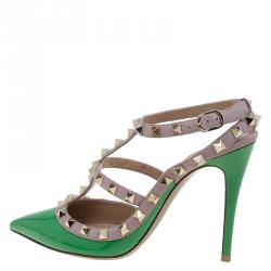 Pre Owned Valentino Green Patent and Beige Leather Rockstud Sandals Size 38