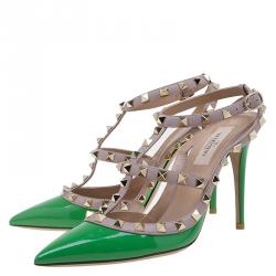 Pre Owned Valentino Green Patent and Beige Leather Rockstud Sandals Size 38