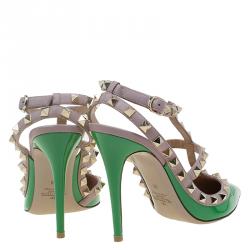 Pre Owned Valentino Green Patent and Beige Leather Rockstud Sandals Size 38