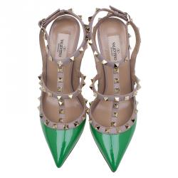 Pre Owned Valentino Green Patent and Beige Leather Rockstud Sandals Size 38