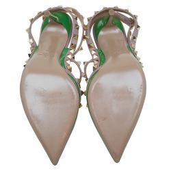 Pre Owned Valentino Green Patent and Beige Leather Rockstud Sandals Size 38