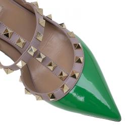Pre Owned Valentino Green Patent and Beige Leather Rockstud Sandals Size 38