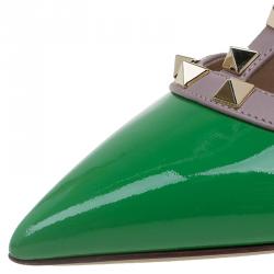 Pre Owned Valentino Green Patent and Beige Leather Rockstud Sandals Size 38