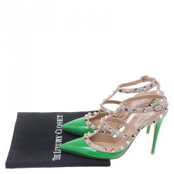 Pre Owned Valentino Green Patent and Beige Leather Rockstud Sandals Size 38