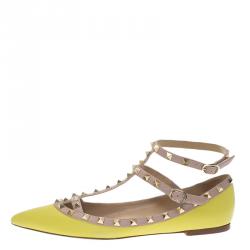 Pre Owned Valentino Yellow Leather T Strap Rockstud Ballet Flats Size 40