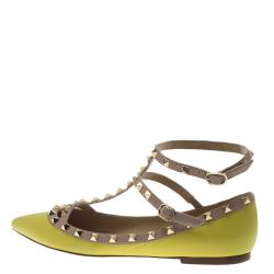 Pre Owned Valentino Yellow Leather T Strap Rockstud Ballet Flats Size 40