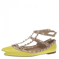 Pre Owned Valentino Yellow Leather T Strap Rockstud Ballet Flats Size 40