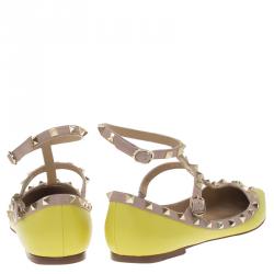 Pre Owned Valentino Yellow Leather T Strap Rockstud Ballet Flats Size 40