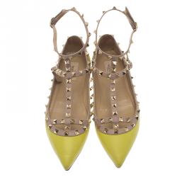 Pre Owned Valentino Yellow Leather T Strap Rockstud Ballet Flats Size 40