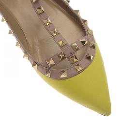 Pre Owned Valentino Yellow Leather T Strap Rockstud Ballet Flats Size 40