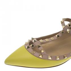 Pre Owned Valentino Yellow Leather T Strap Rockstud Ballet Flats Size 40