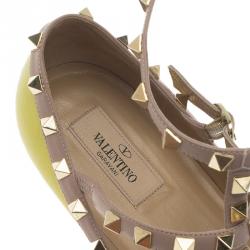 Pre Owned Valentino Yellow Leather T Strap Rockstud Ballet Flats Size 40