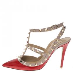 Pre Owned Valentino Red and Beige Patent Rockstud Sandals Size 37