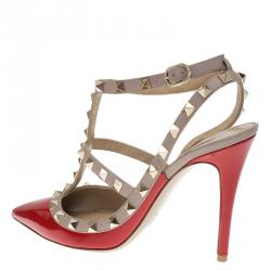Pre Owned Valentino Red and Beige Patent Rockstud Sandals Size 37