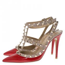 Pre Owned Valentino Red and Beige Patent Rockstud Sandals Size 37