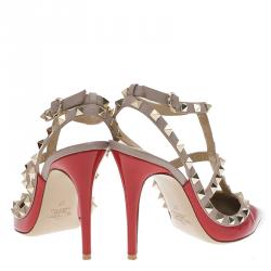 Pre Owned Valentino Red and Beige Patent Rockstud Sandals Size 37