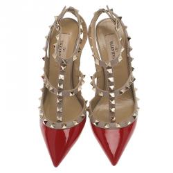 Pre Owned Valentino Red and Beige Patent Rockstud Sandals Size 37