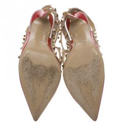 Pre Owned Valentino Red and Beige Patent Rockstud Sandals Size 37