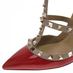 Pre Owned Valentino Red and Beige Patent Rockstud Sandals Size 37