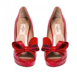 Valentino Red Patent Couture Bow Peep Toe Platform Pumps Size 38