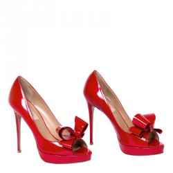 Valentino Red Patent Couture Bow Peep Toe Platform Pumps Size 38