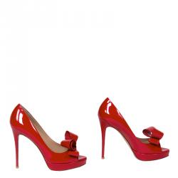 Valentino Red Patent Couture Bow Peep Toe Platform Pumps Size 38