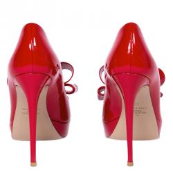 Valentino Red Patent Couture Bow Peep Toe Platform Pumps Size 38