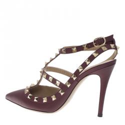Pre Owned Valentino Burgundy Leather Rockstud Sandals Size 36.5
