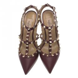 Pre Owned Valentino Burgundy Leather Rockstud Sandals Size 36.5