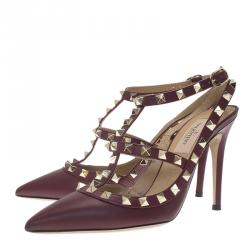 Pre Owned Valentino Burgundy Leather Rockstud Sandals Size 36.5