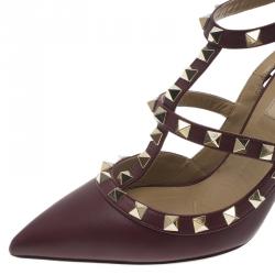 Pre Owned Valentino Burgundy Leather Rockstud Sandals Size 36.5