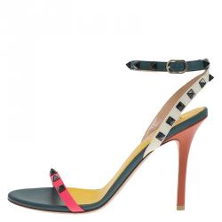 Pre Owned Valentino TriColor Leather Rockstud Ankle Strap Sandals Size 40