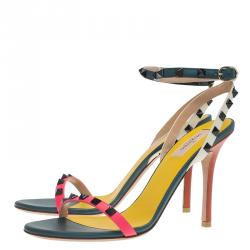 Pre Owned Valentino TriColor Leather Rockstud Ankle Strap Sandals Size 40