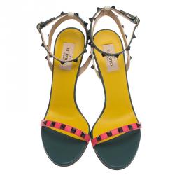 Pre Owned Valentino TriColor Leather Rockstud Ankle Strap Sandals Size 40